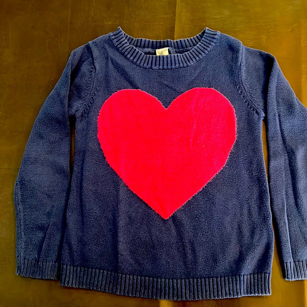 Size 6 Carters navy blue sweater with big pink heart on front center